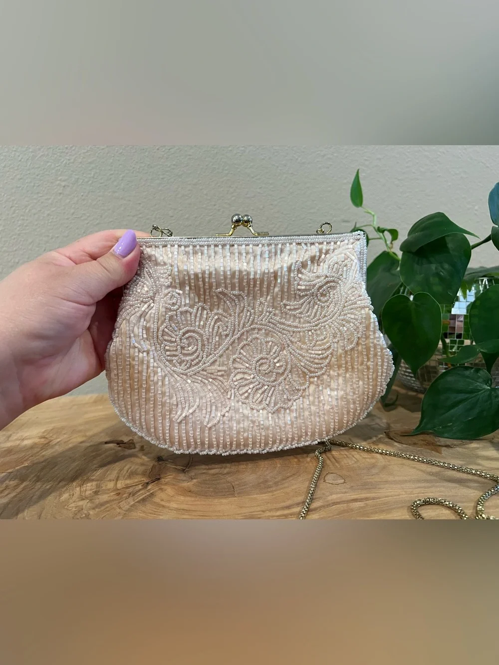 Vintage Beaded Cream Colored Evening Clutch with Gold Chain Strap